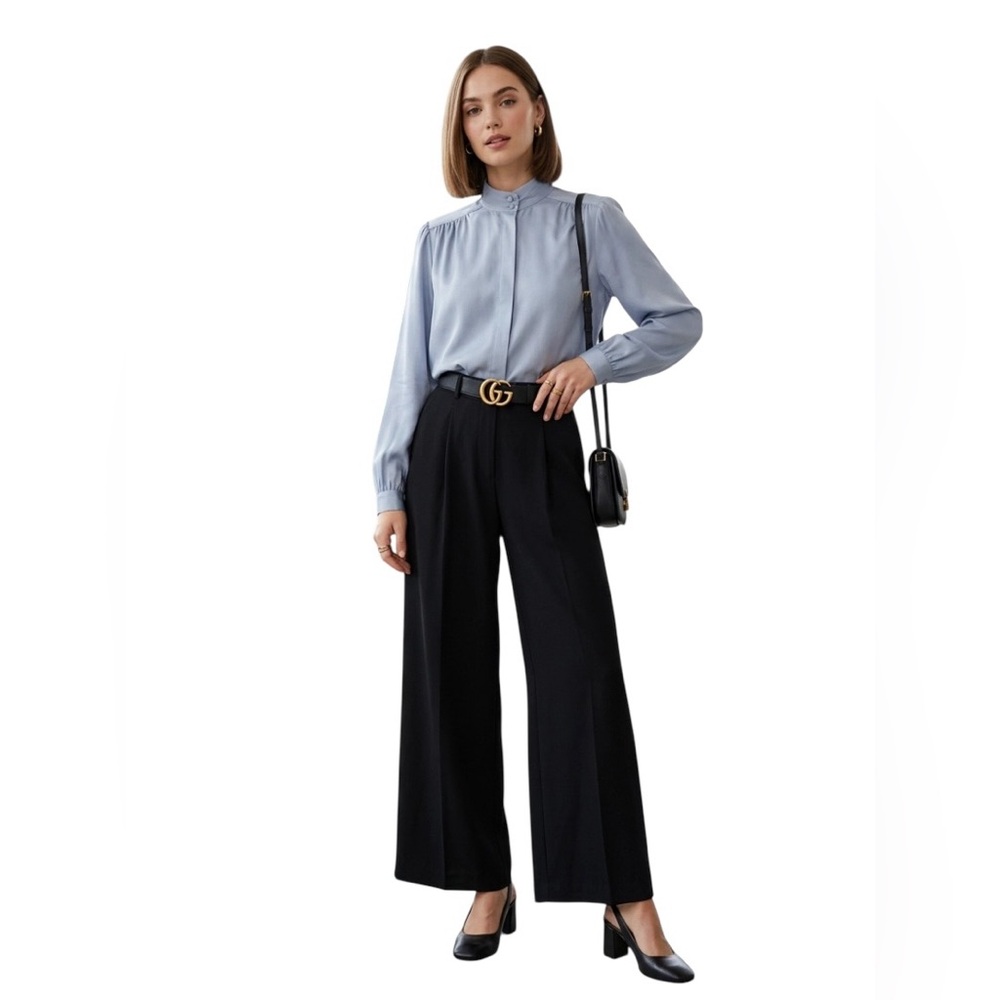 Vintage Lee Mar Gray silk sheer Secretary blouse turtle neck Band collar Spring